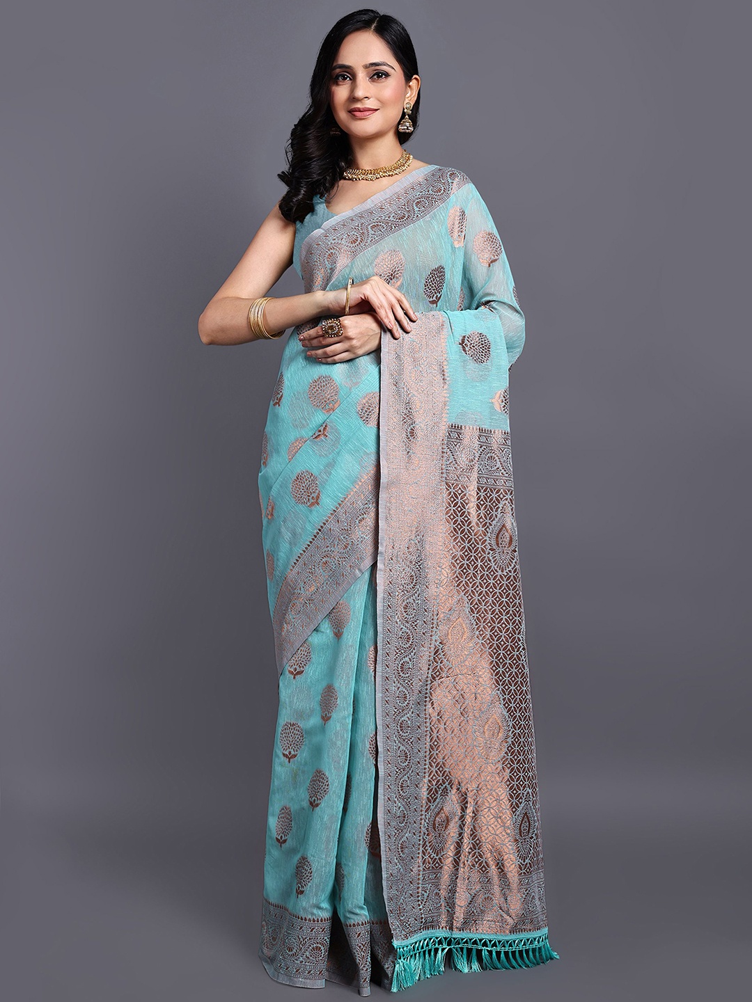 

SWAMI STUDIO Floral Zari Pure Cotton Kanjeevaram Saree, Blue