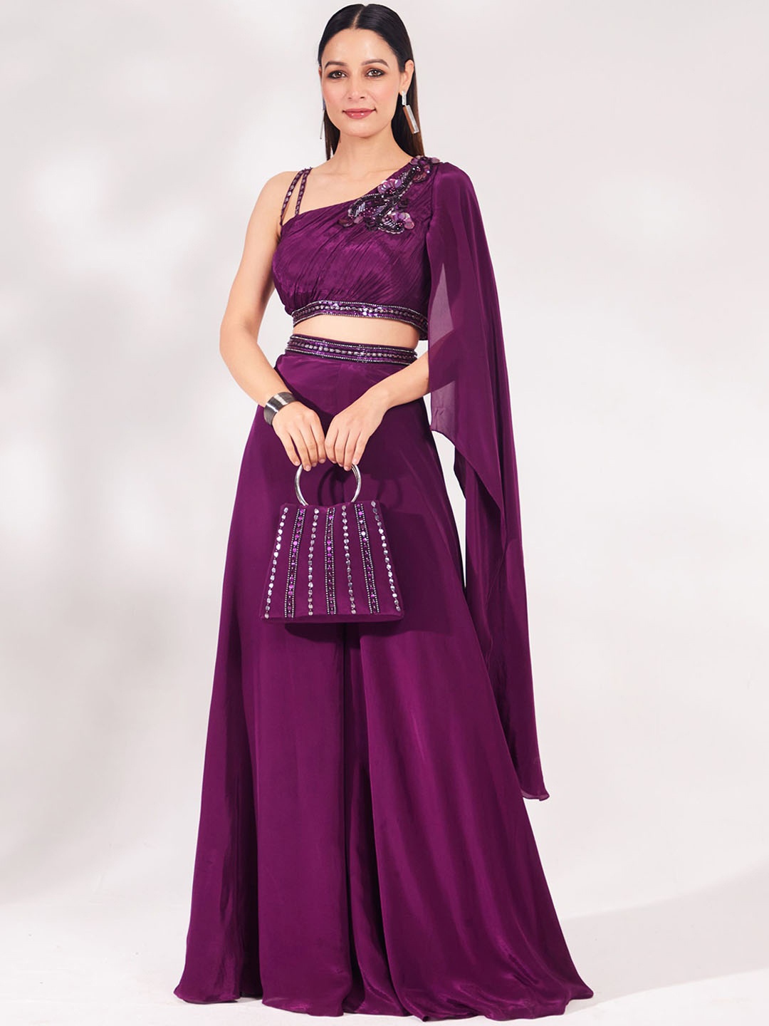 

Chaashni by Maansi & Ketan Beads & Stones Embellished One Shoulder Top & Palazzo, Burgundy