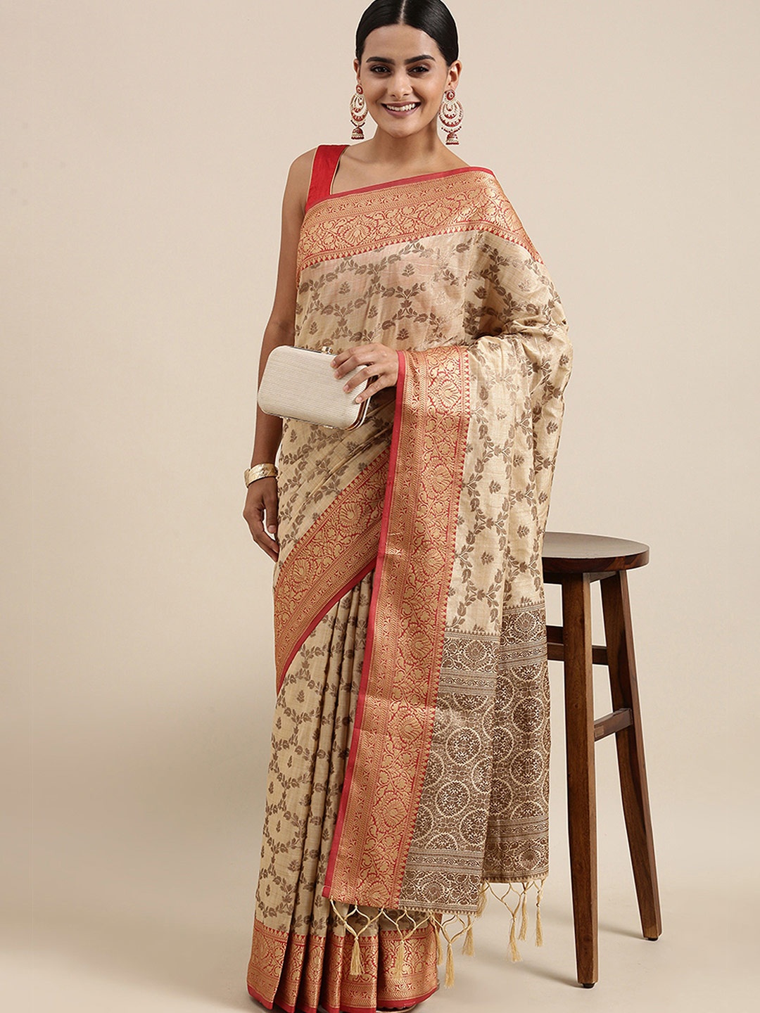 

MAHALASA Ethnic Motifs Zari Pure Cotton Kanjeevaram Saree, Beige