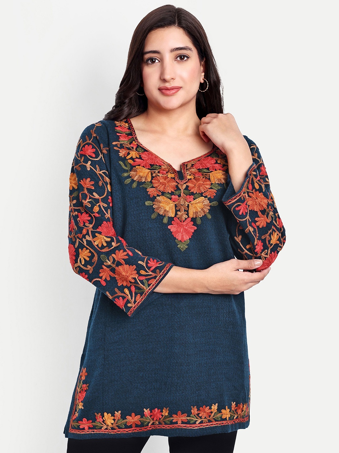 

HAUTEMODA Floral Embroidered V-Neck Thread Work Thread Work Kurti, Blue