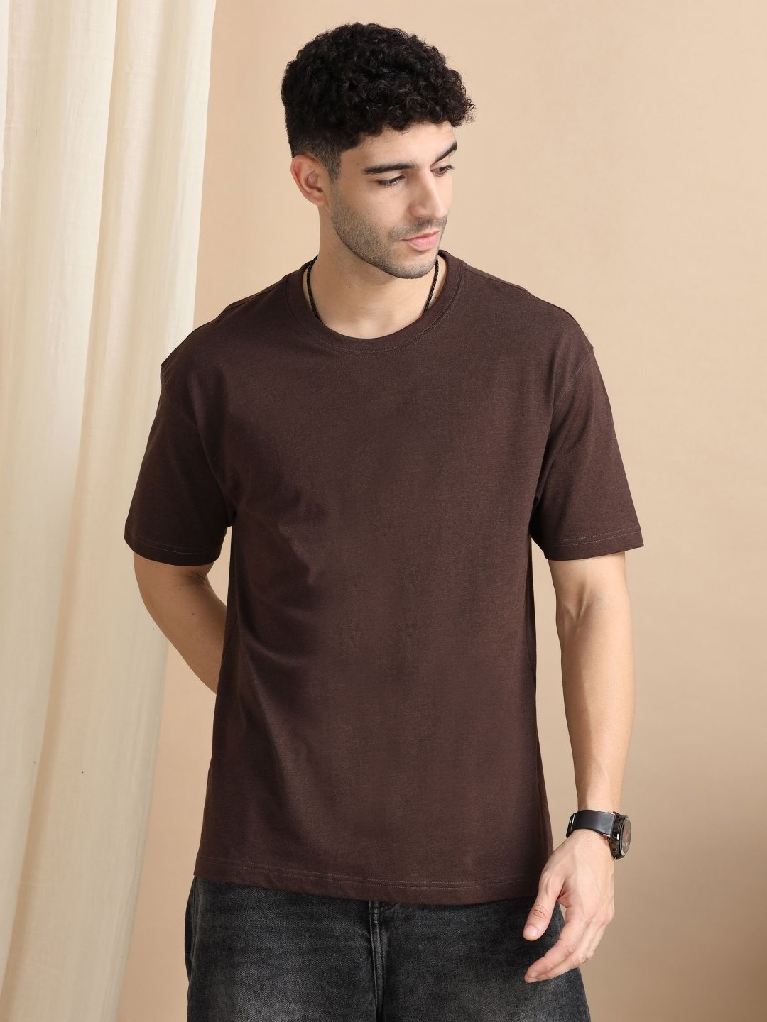 

Dogi Verg Men Solid Round Neck Cotton Oversized T-shirt, Coffee brown