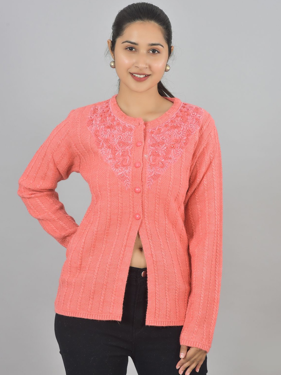 

BAISA Women Embroidered Woollen Cardigan with Embellished Detail, Peach