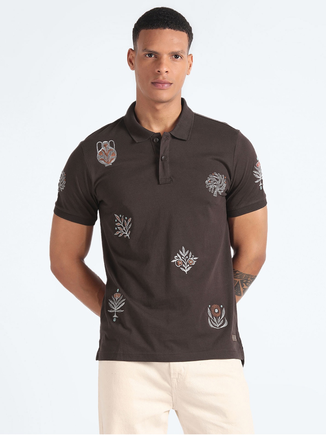 

Flying Machine Embroidered Polo Collar Pure Cotton T-shirt, Brown