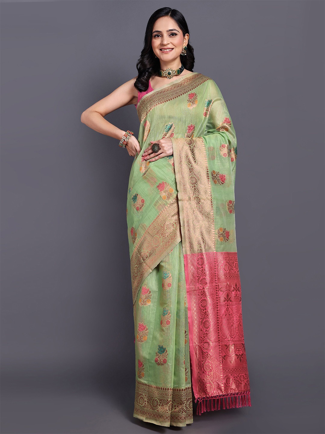 

SWAMI STUDIO Floral Zari Pure Cotton Kanjeevaram Saree, Green