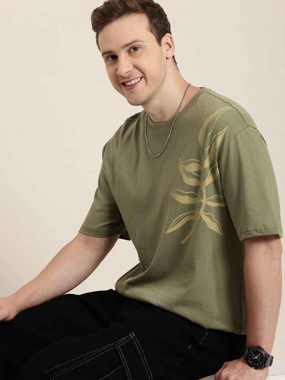 

HERE&NOW Printed Drop-Shoulder Sleeves Pure Cotton T-shirt, Olive