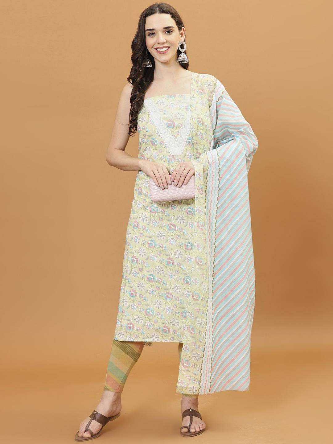 

Meena Bazaar Floral Printed Unstitched Dress Material, Green