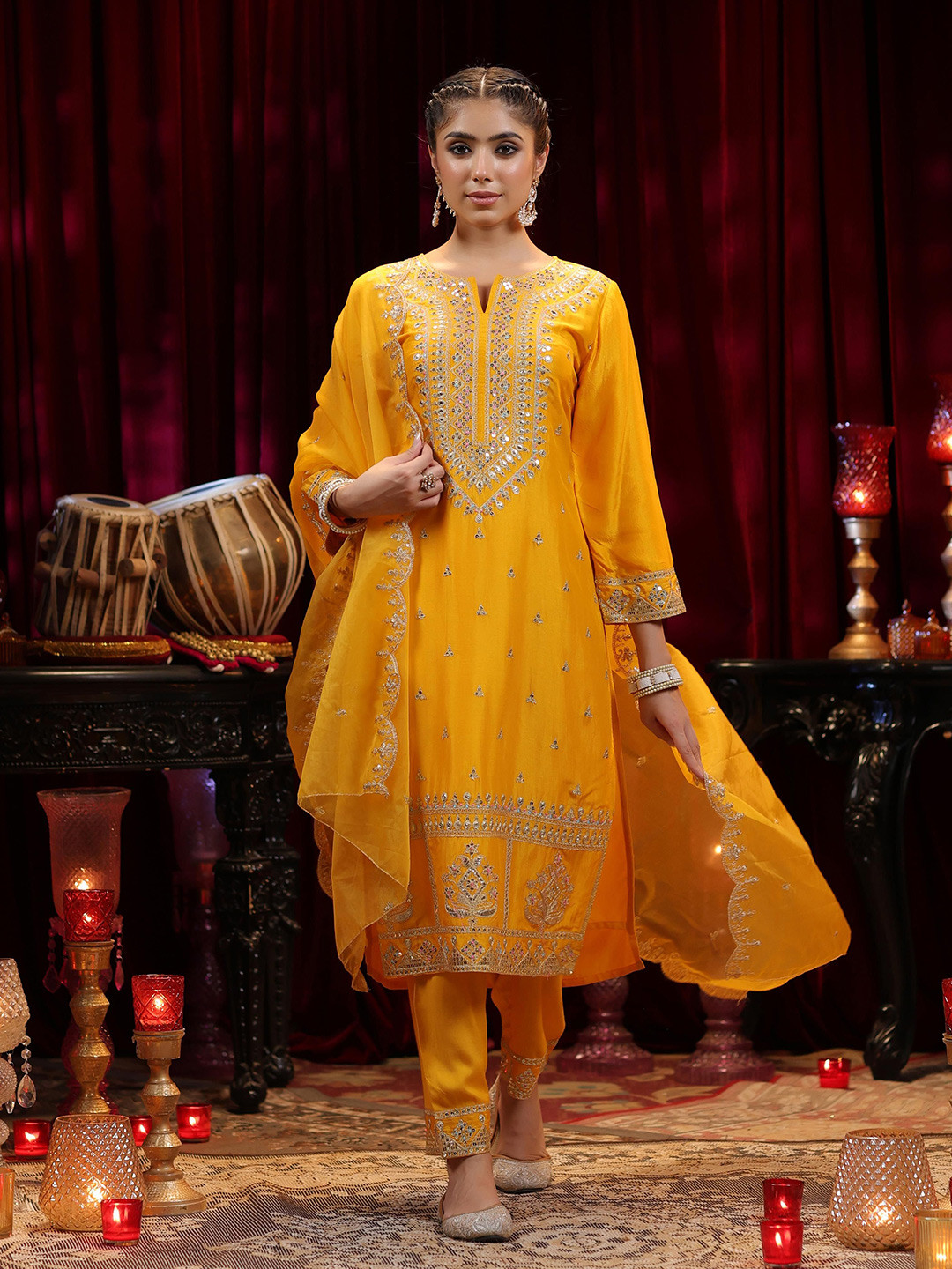 

SCAKHI Floral Embroidered Sequinned Straight Kurta with Trousers & Dupatta, Mustard