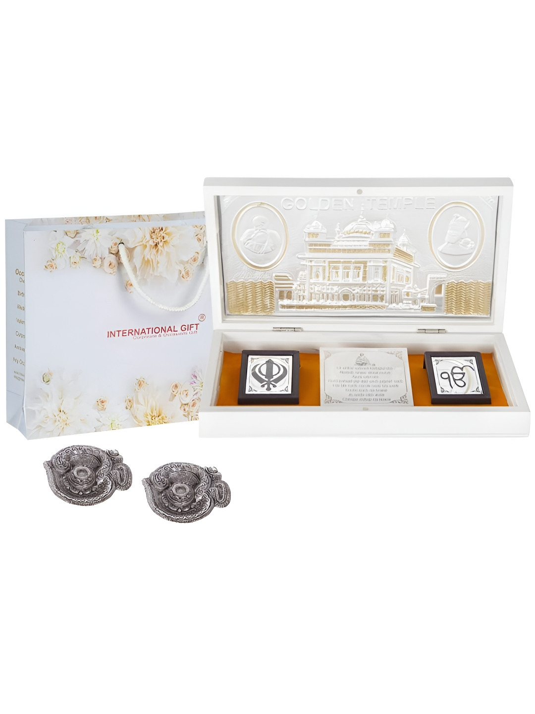 

INTERNATIONAL GIFT Silver-Toned Golden Temple Frame Message Box with 2 Diyas