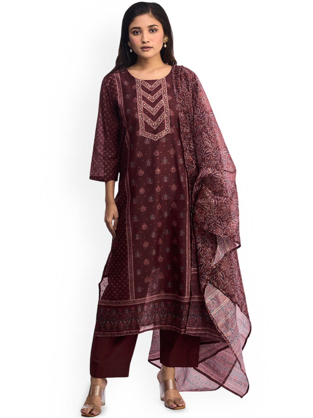 

ISHKIYA Women Floral Printed Regular Chanderi Silk Kurta with Trousers & With Dupatta, Brown