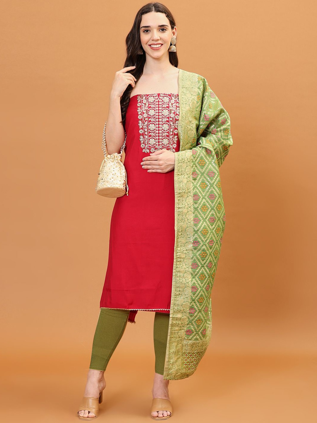 

Meena Bazaar Floral Zari Embroidered Unstitched Dress Material, Pink