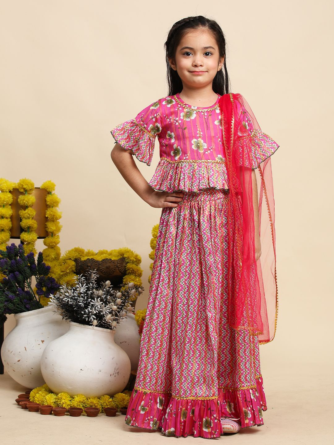 

Cutiekins Girls Printed Ready to Wear Lehenga & Blouse With Dupatta, Magenta