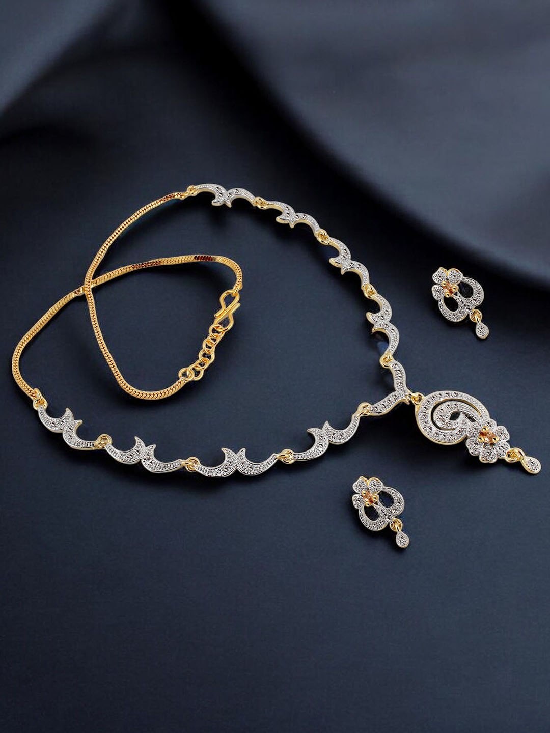 

LUCKY JEWELLERY 18K Gold Plated American Diamond Studded Jewellery Set