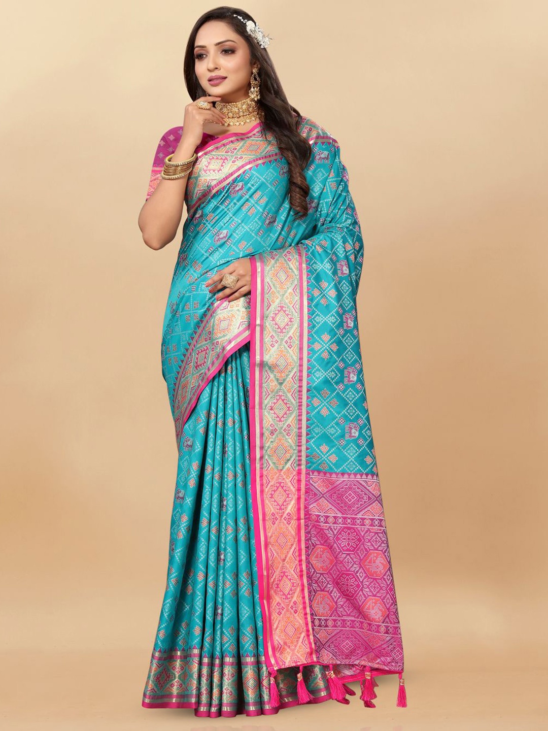 

MOKSHA DESIGNS Ethnic Motifs Woven Design Zari Pure Silk Paithani Saree, Blue