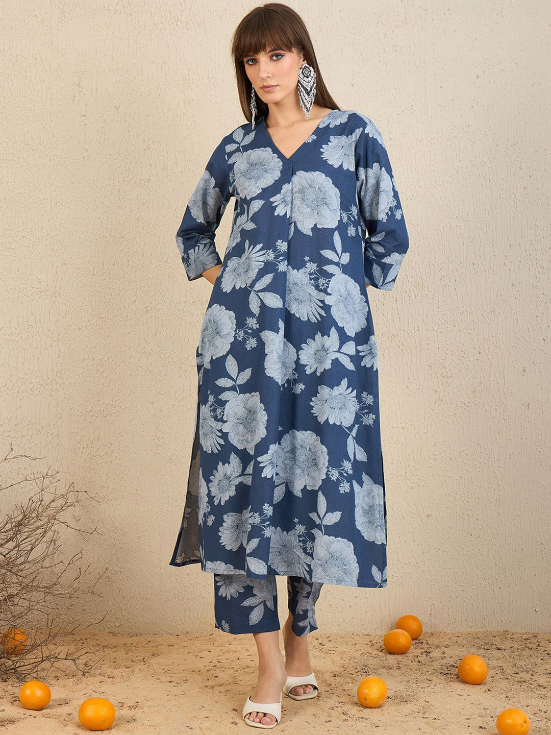 

Indo Era Floral Printed Pleated V Neck Straight Kurta With Trousers, Blue