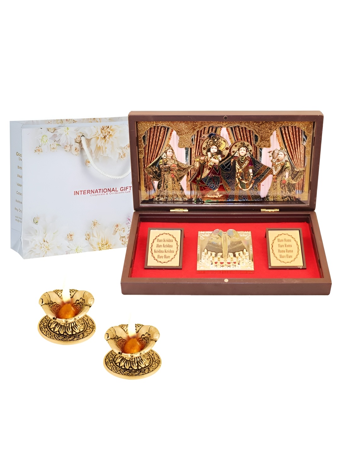 

INTERNATIONAL GIFT Gold-Toned Radha krishna Photo Frame with Charan Paduka & Diya