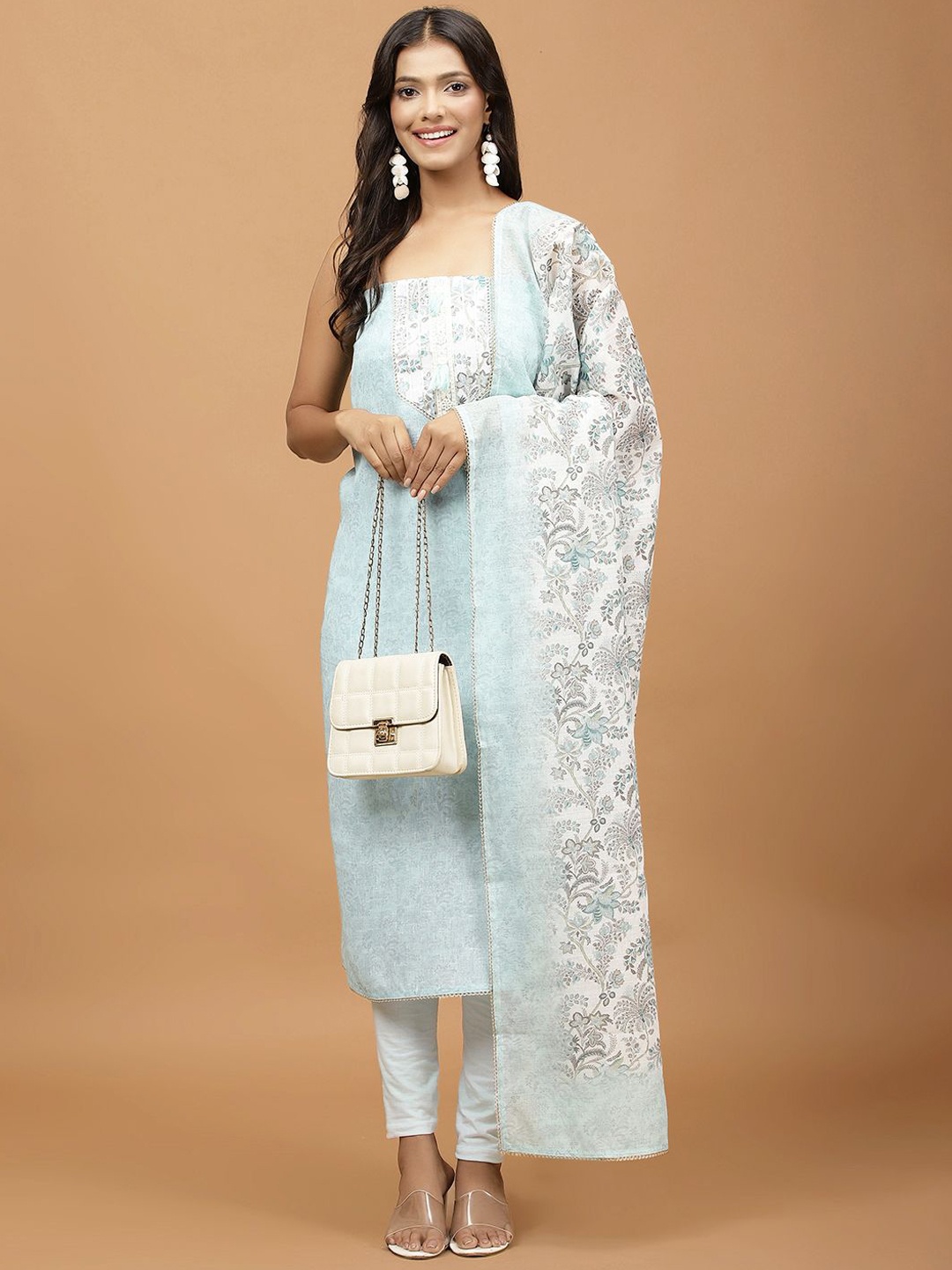 

Meena Bazaar Foral Printed Unstitched Dress Material, Sea green