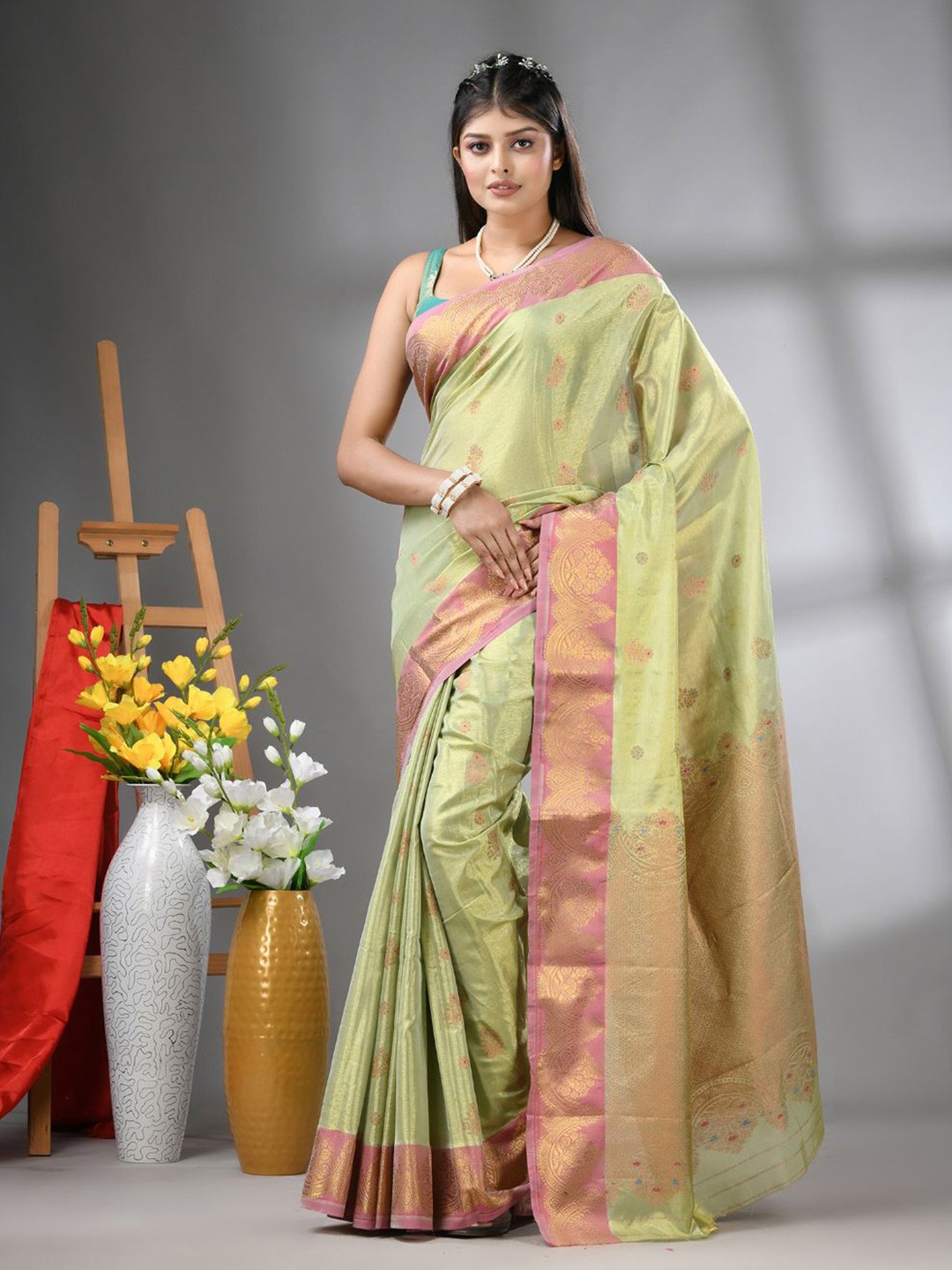 

Charukriti Floral Zari Tissue Saree, Green