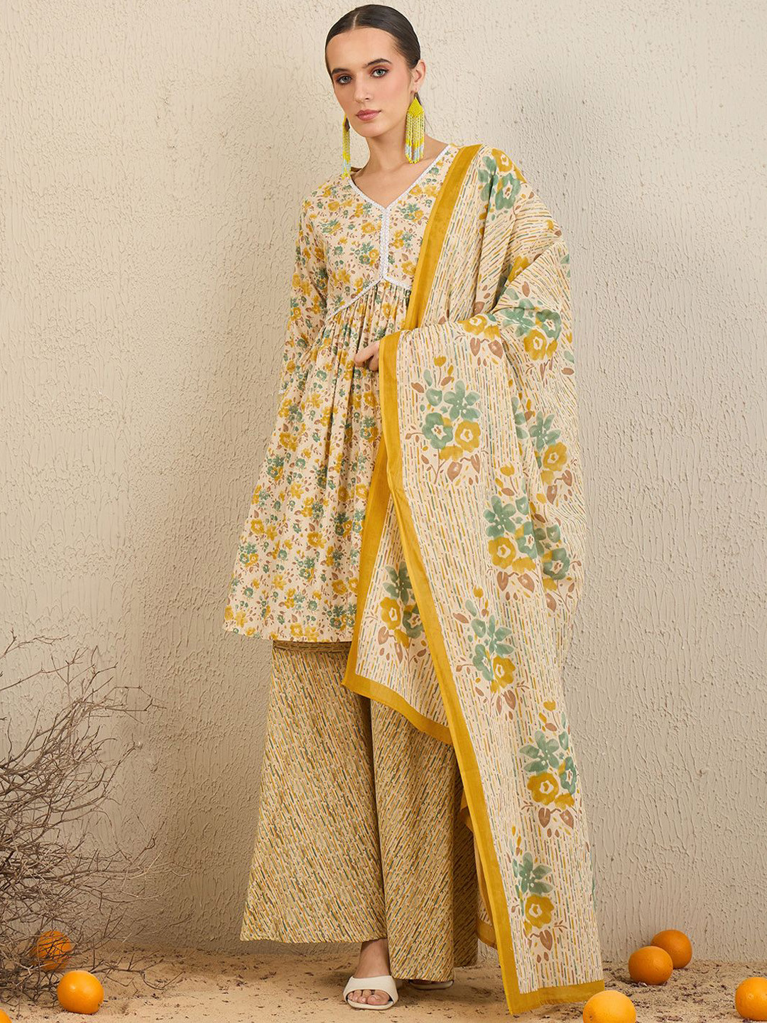 

Indo Era Floral Printed V-Neck Pure Cotton A-Line Kurta With Sharara & Dupatta, Beige