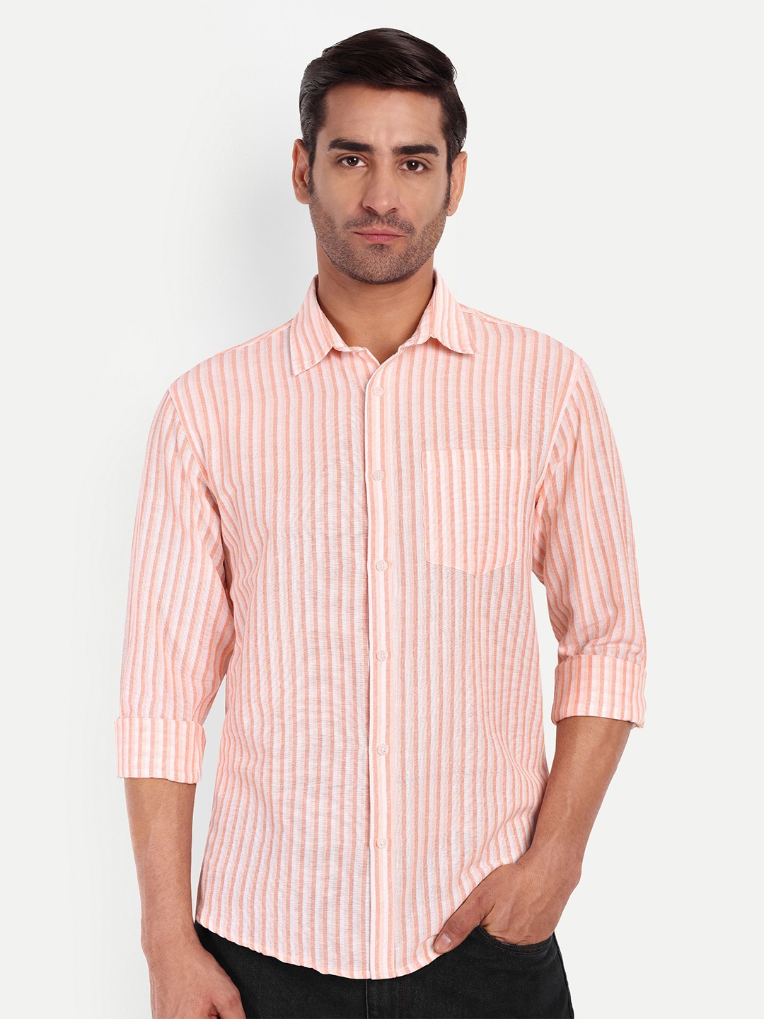 

LIFE ROADS Men Comfort Opaque Striped Casual Shirt, Orange