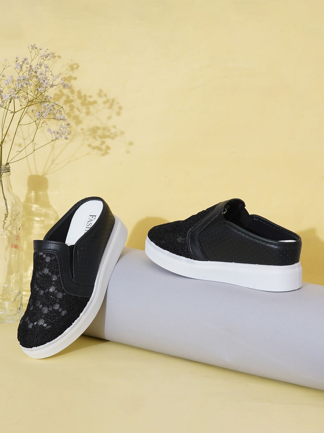 

THE WHITE POLE Women Textile Slip-On Loafers, Black