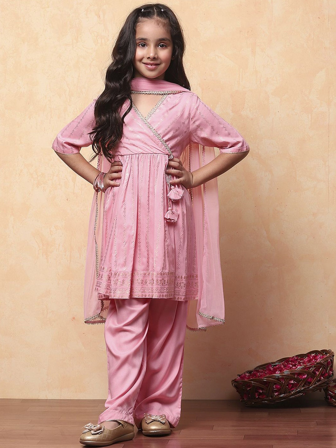 

Biba Girls Ethnic Motifs Printed Regular A-Line Kurta with Palazzos & Dupatta, Peach