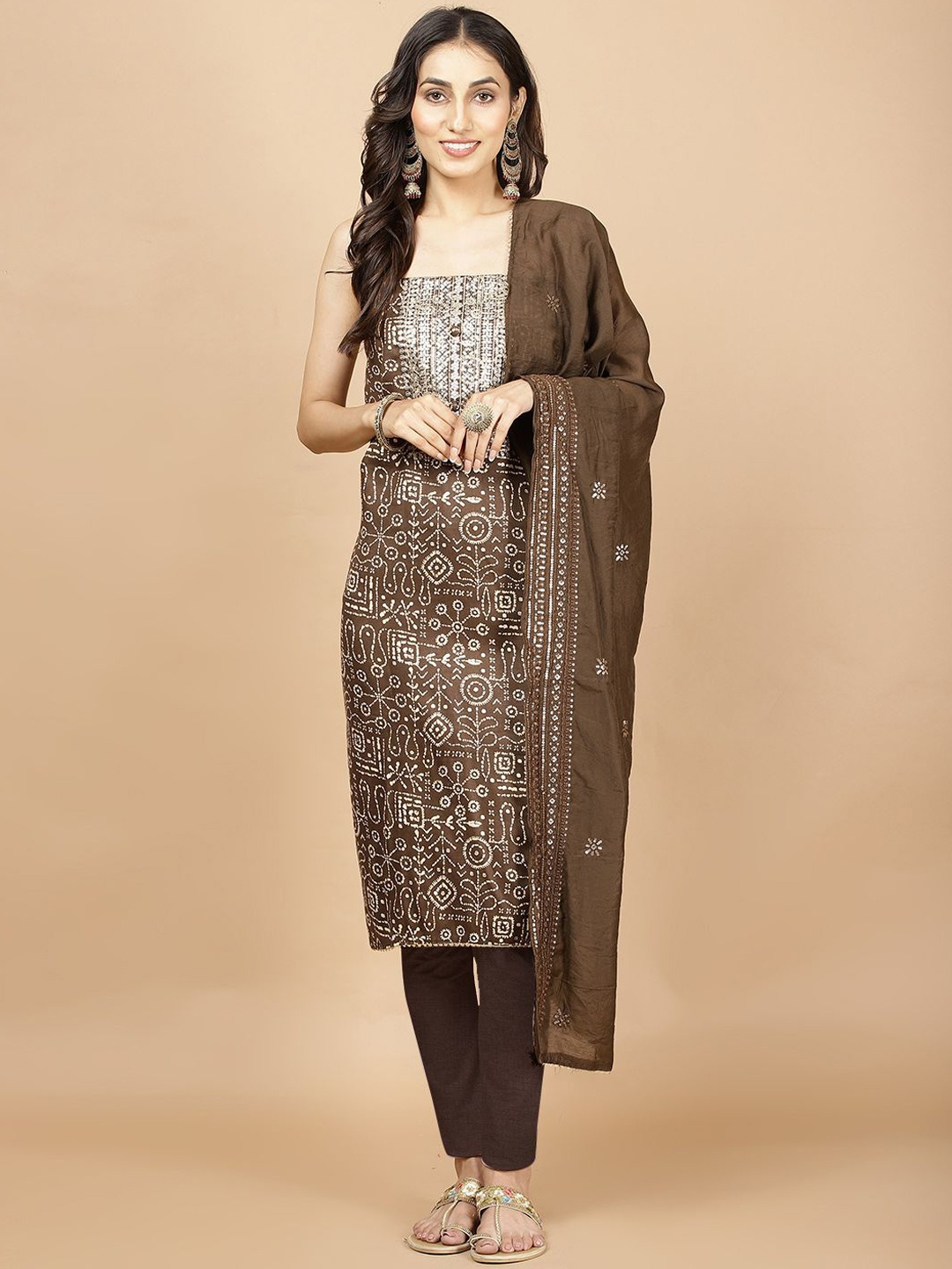 

Meena Bazaar Ethnic Motifs Printed Sequined Unstitched Dress Material, Brown
