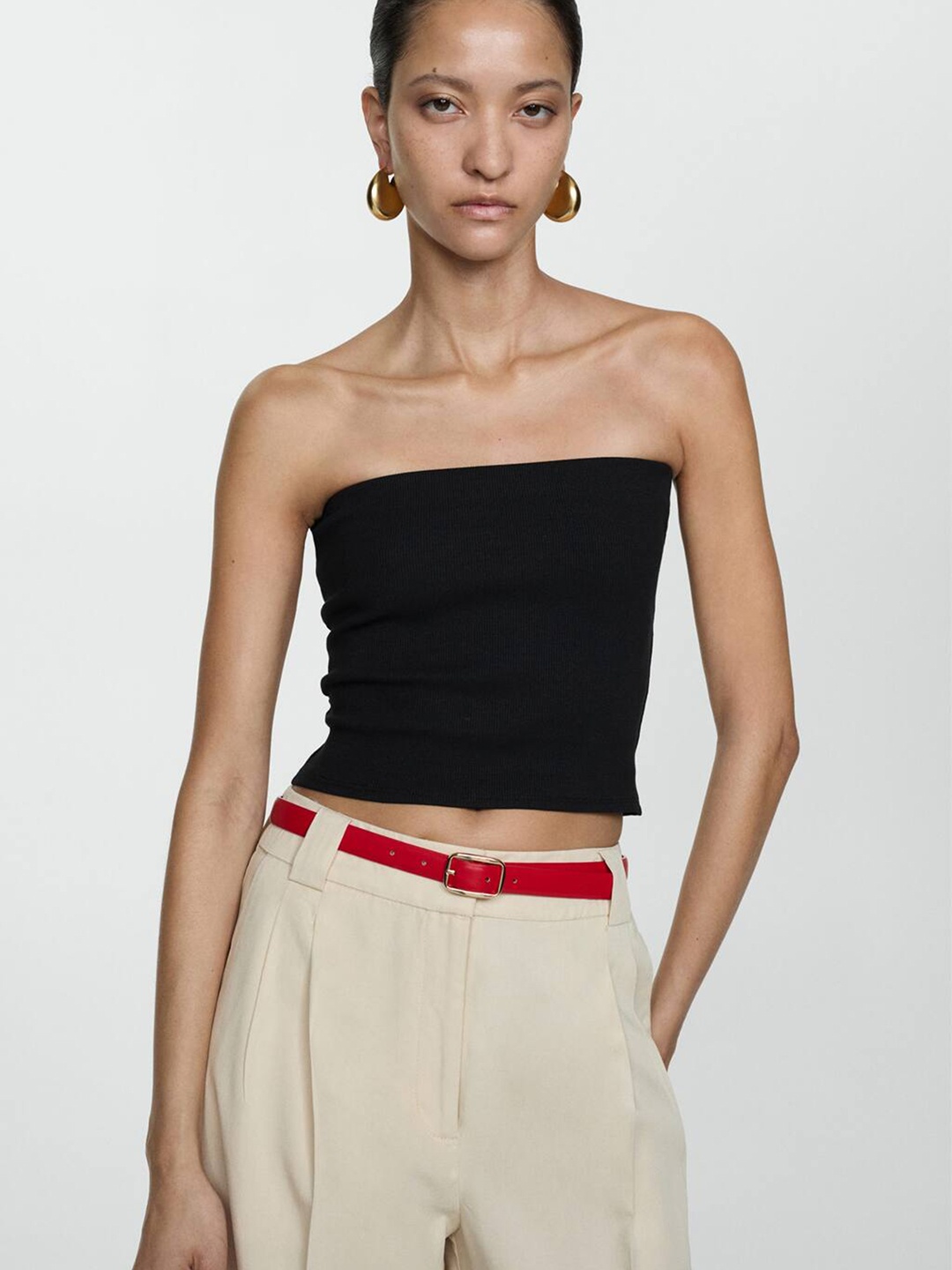 

MANGO Ribbed Tube Crop Top, Black