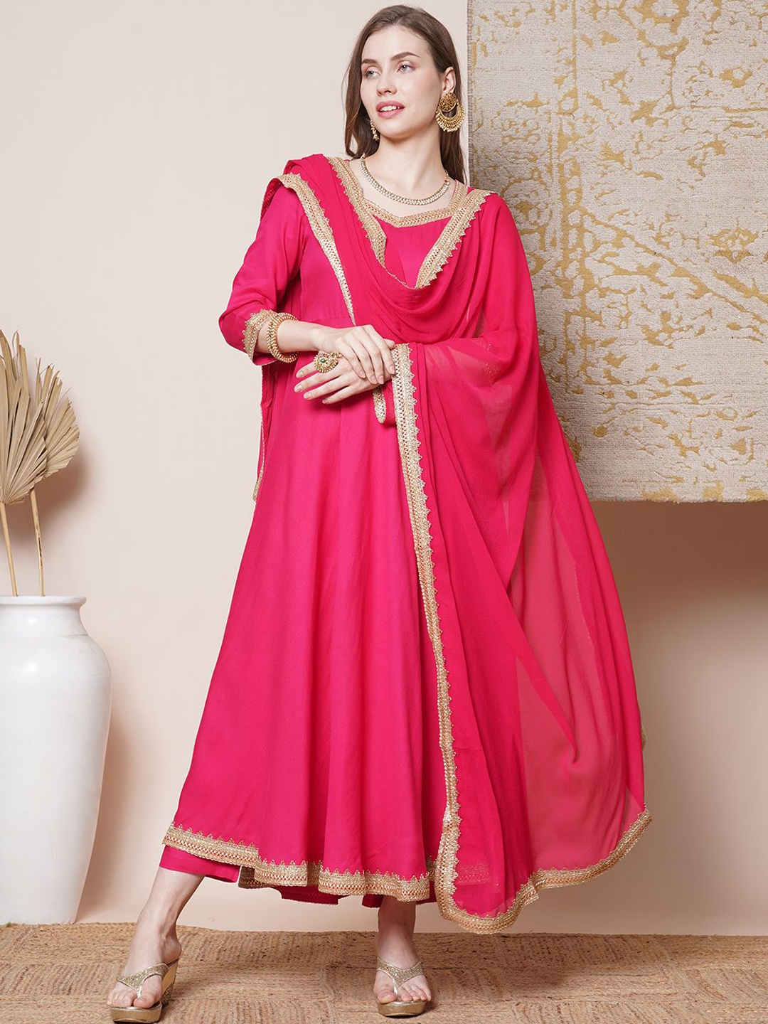 

Anni Designer V-Neck Regular Anarkali Kurta with Trousers & Dupatta, Pink