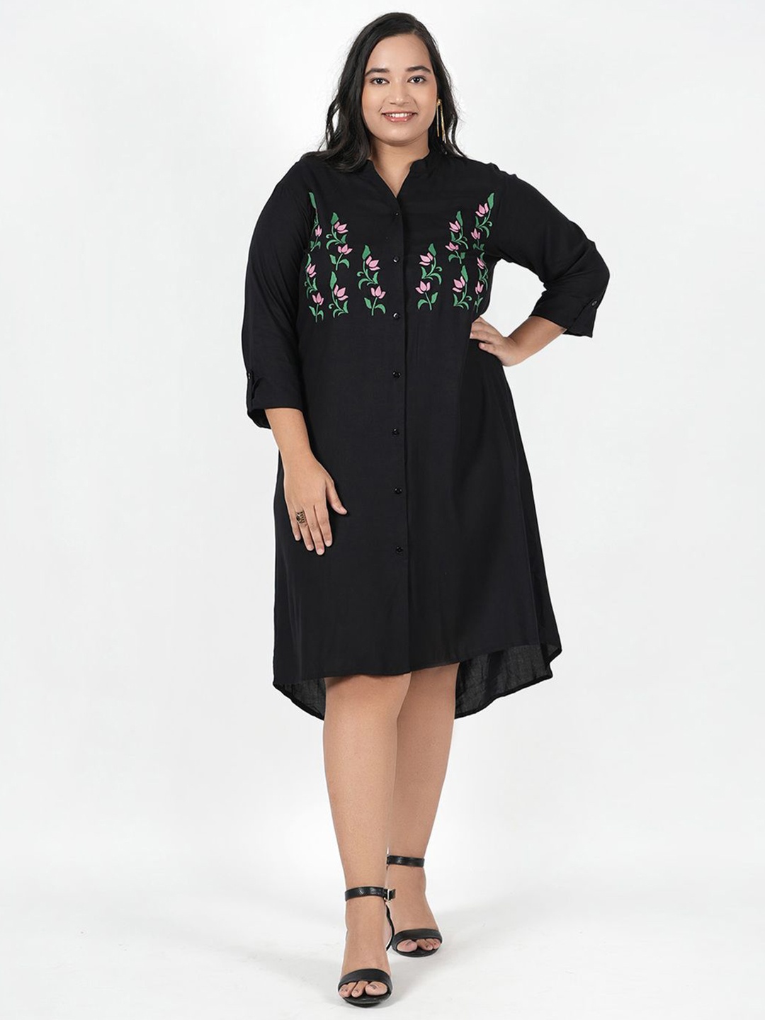 

LastInch Embroidered Shirt Dress, Black