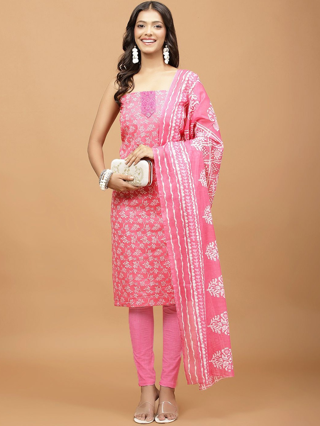 

Meena Bazaar Floral Printed Sequinned Unstitched Dress Material, Pink