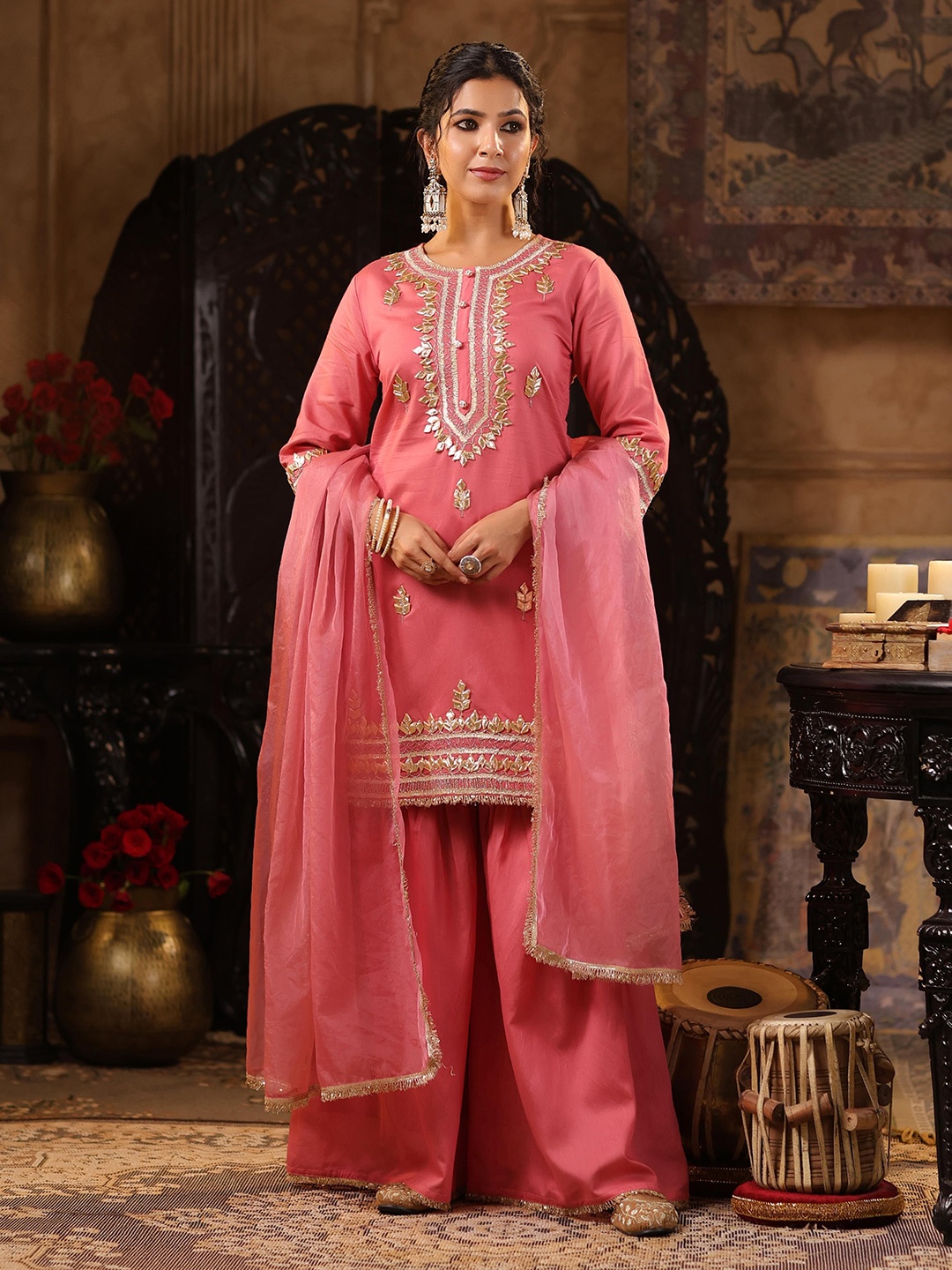 

SCAKHI Ethnic Motifs Embroidered Chanderi Silk Straight Kurta With Sharara & Dupatta, Rose