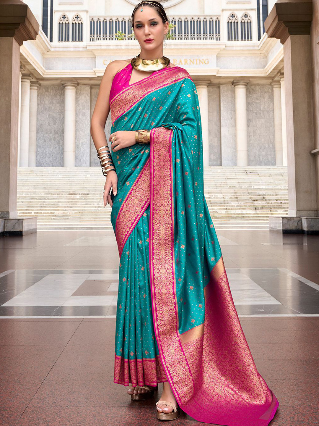 

Satrani Woven Design Zari Pure Silk Kanjeevaram Saree, Pink