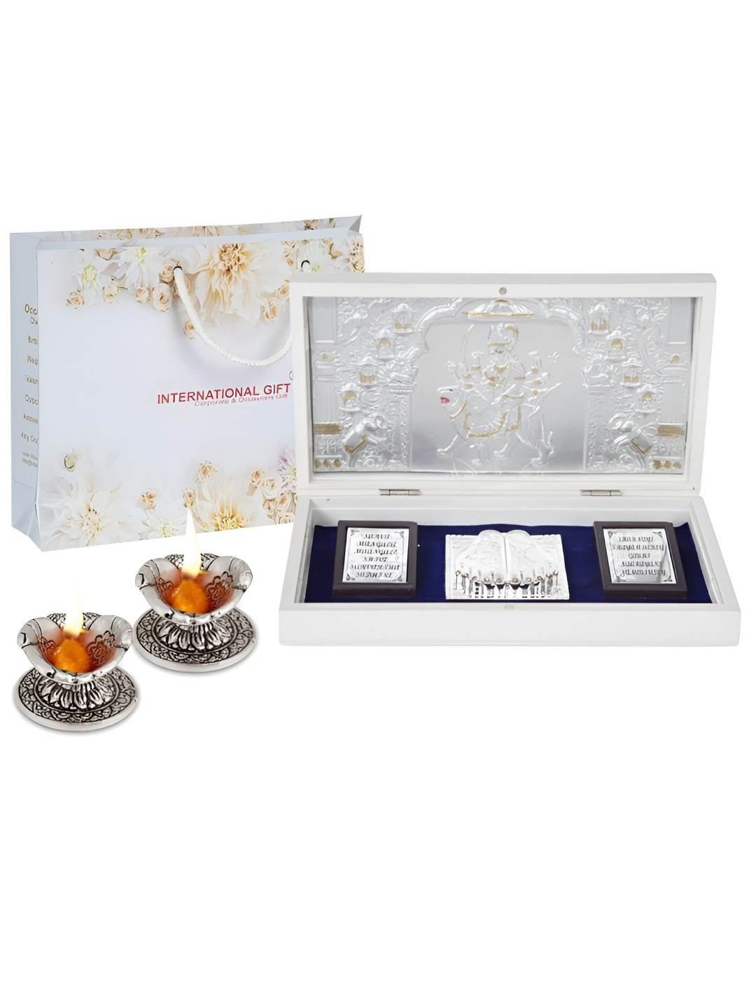 

INTERNATIONAL GIFT Silver-Toned Durga Mata Charan Paduka Box with 2 Diya