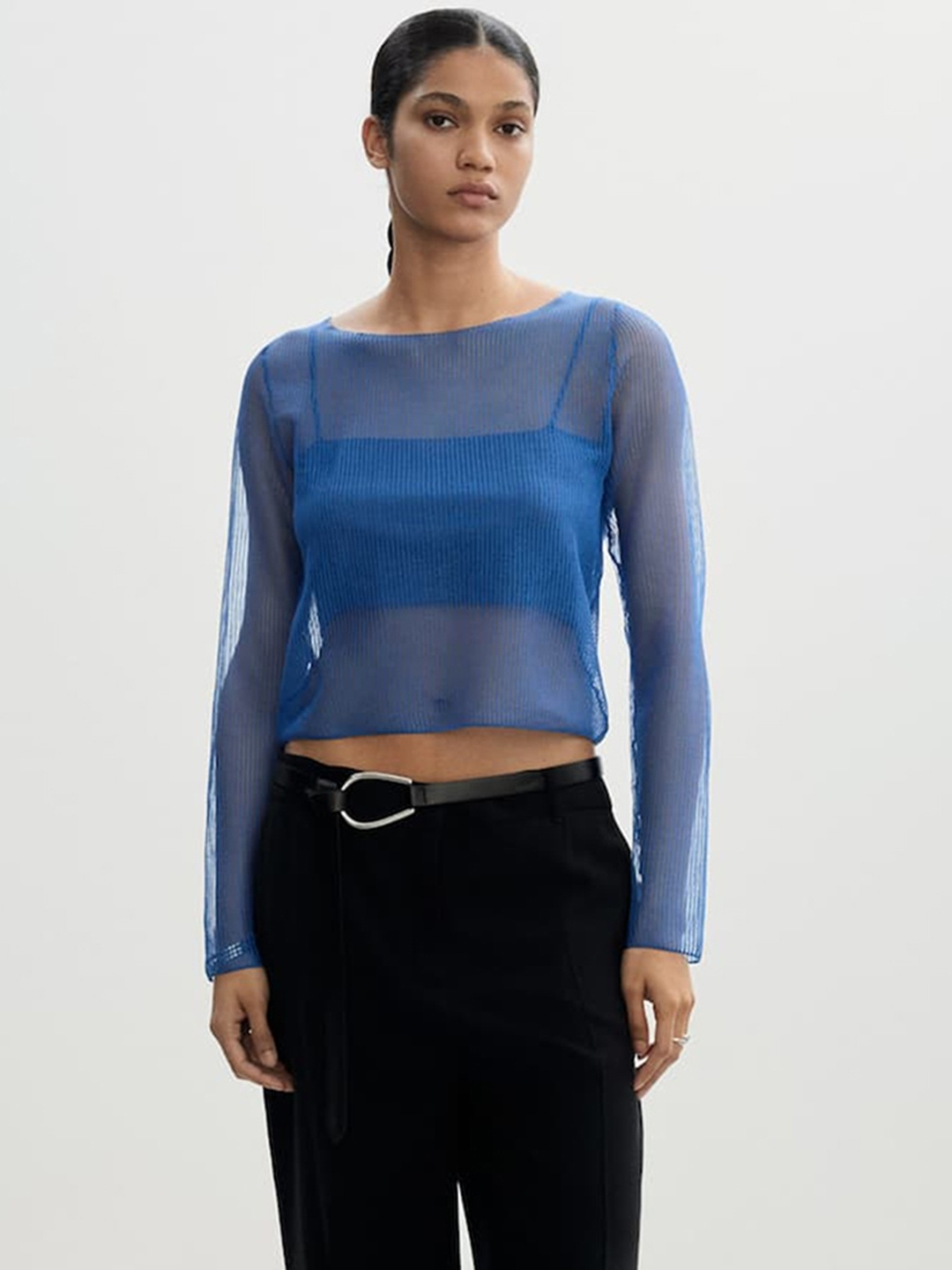 

MANGO Sheer Top with Ribbed Cami, Blue