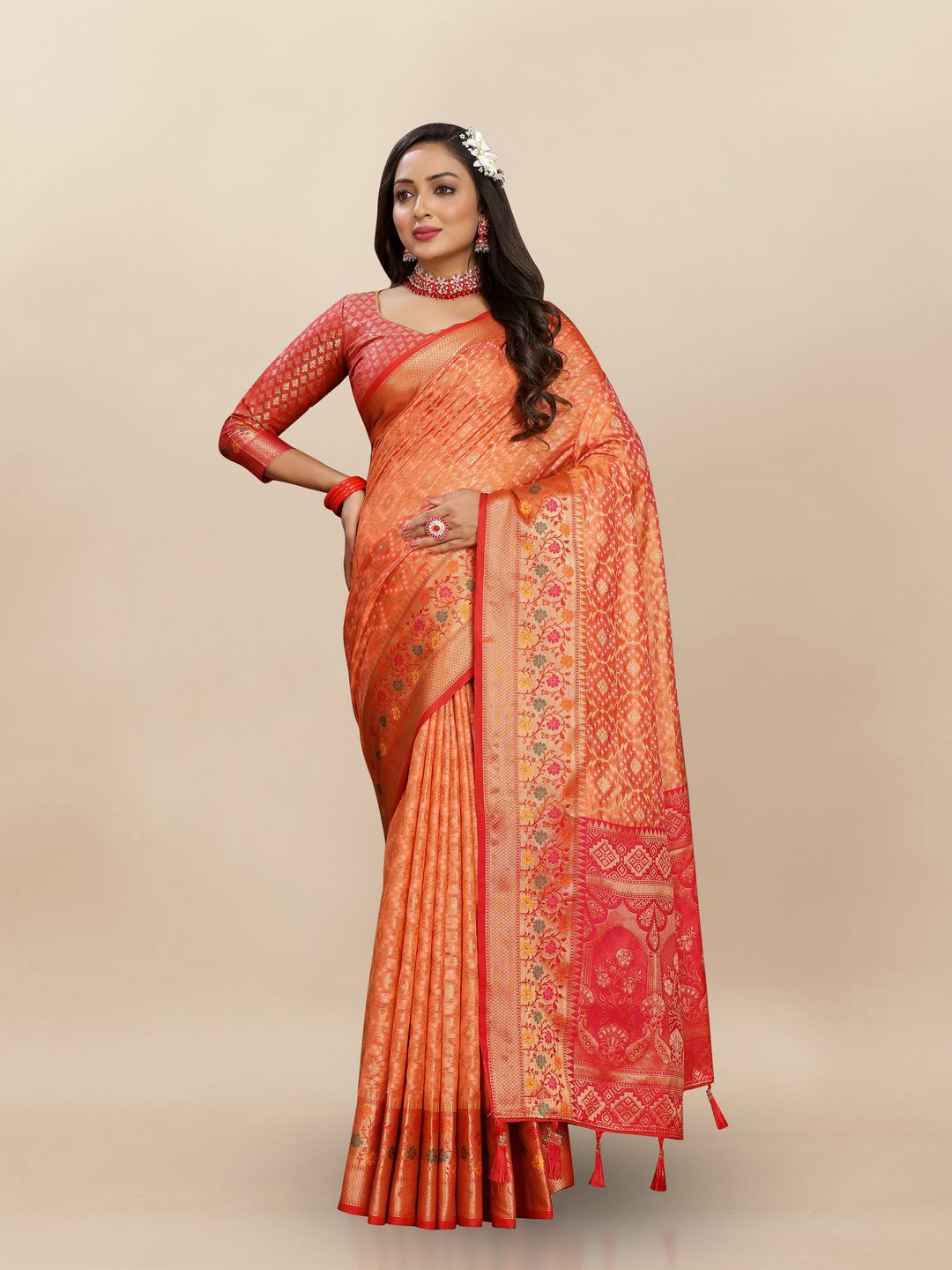 

MOKSHA DESIGNS Ethnic Motifs Woven Design Zari Pure Silk Paithani Saree, Orange