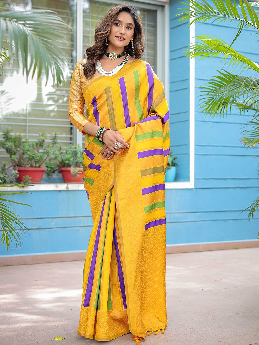

KIMISHA Striped Zari Silk Blend Kanjeevaram Saree, Yellow