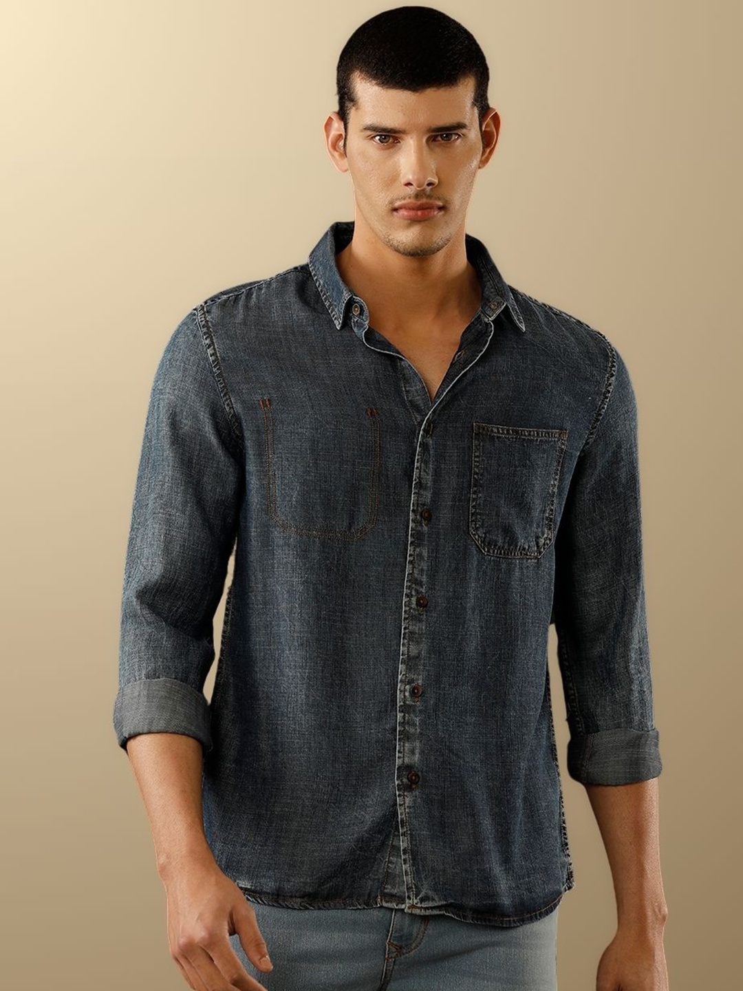 

TEMPLE OF DENIM Men India Slim Cutaway Collar Solid Denim Casual Shirt, Blue