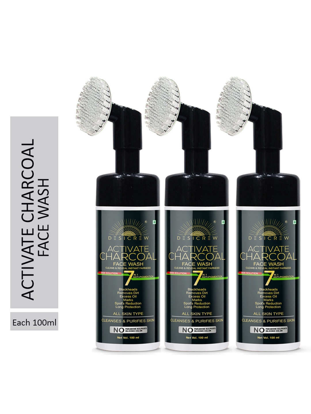 

Desi Crew Set Of 3 Activated Charcoal Face Wash 100 ml Each, Transparent