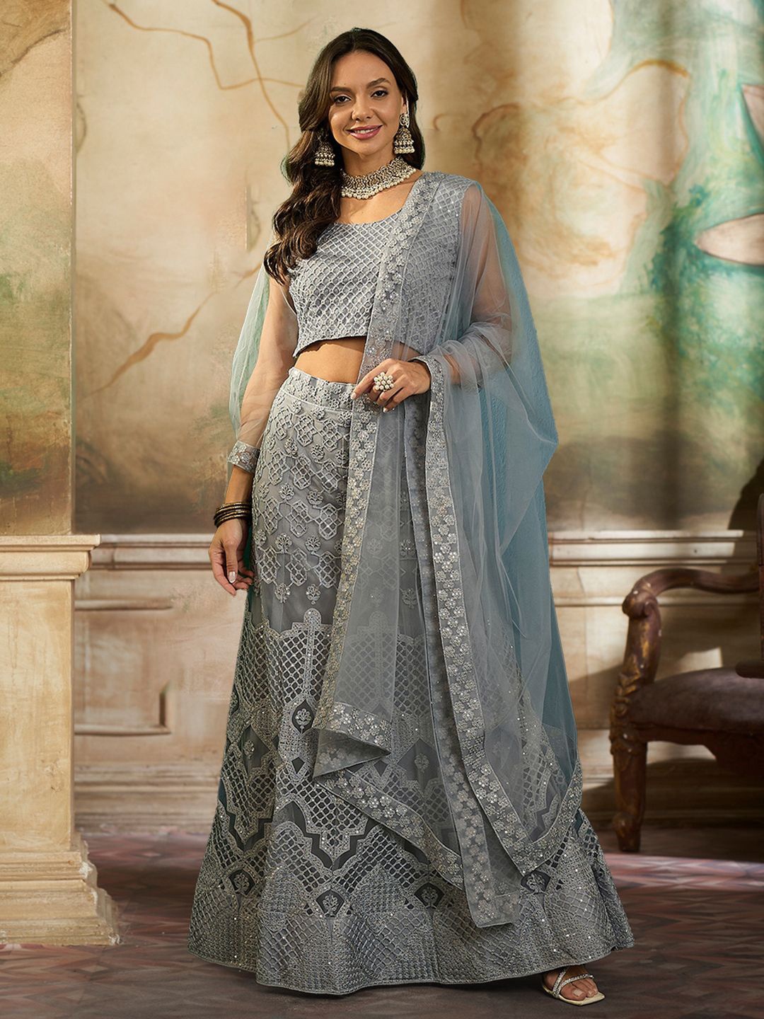 

Kvsfab Embroidered Sequinned Semi-Stitched Lehenga & Unstitched Blouse With Dupatta, Grey