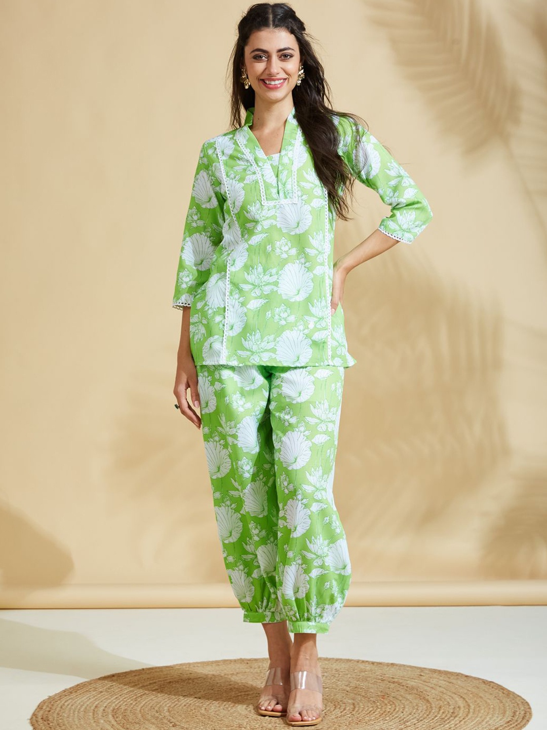 

J Turritopsis Floral Printed Tunic & Trouser, Lime green