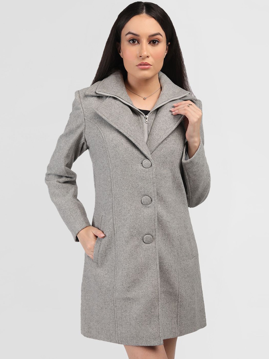 

HONNETE Women Single-Breasted Hip-Length Winter Overcoat, Grey