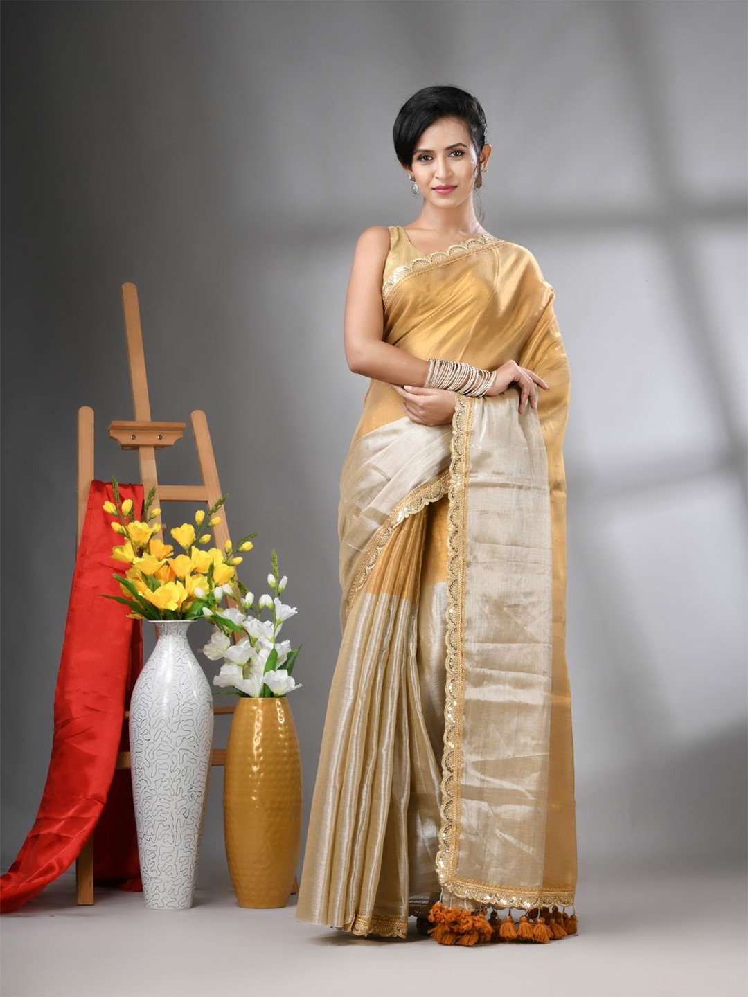 

Charukriti Gotta Patti Tissue Saree, Gold