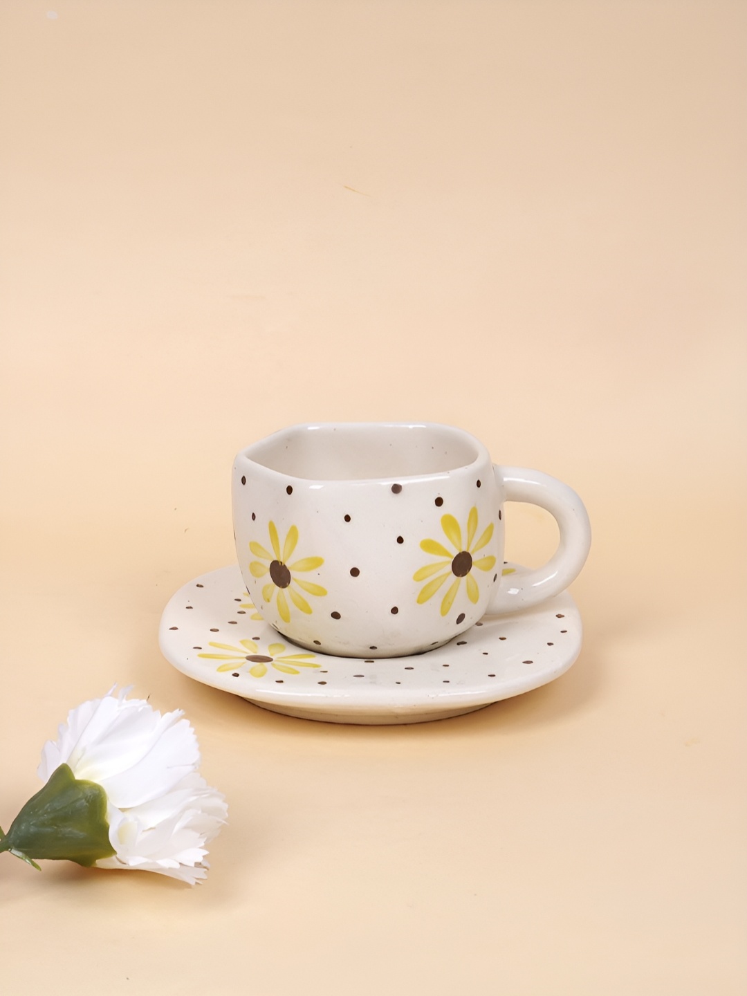 

NURTURE INDIA Yellow & Red 2 Pieces Printed Ceramic Glossy Sunny Flower Cups and Saucers