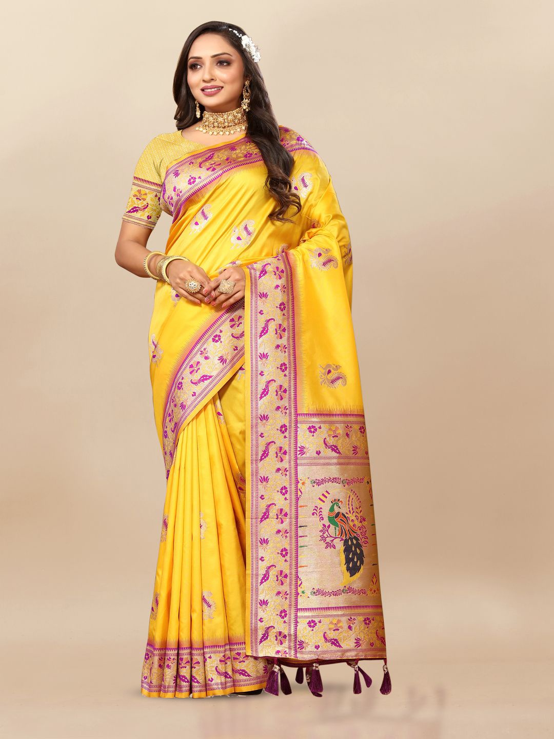 

MOKSHA DESIGNS Ethnic Motifs Zari Pure Silk Paithani Saree, Yellow