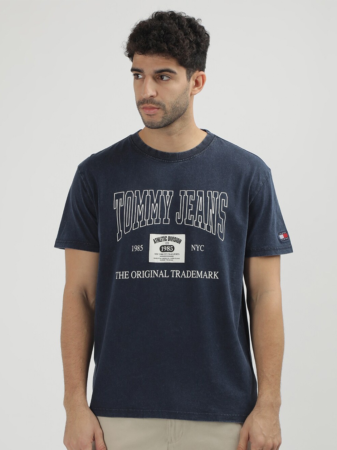 

Tommy Hilfiger Round Neck Short Sleeves Typography Printed Regular Fit Cotton T-shirt, Blue