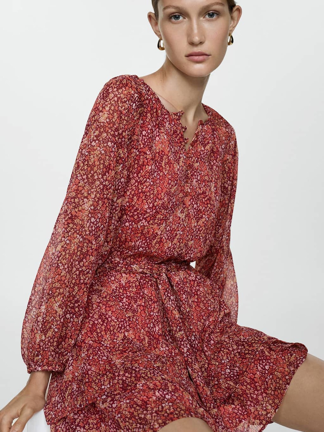 

MANGO Floral Print Ruffled A-Line Mini Dress with Belt, Red