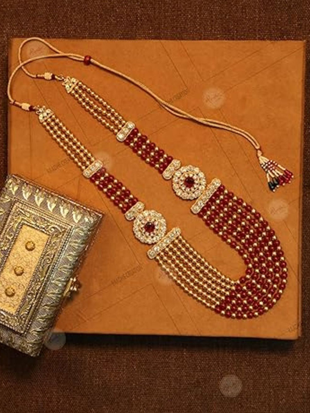 

Radhe Creation Men Gold-Plated Kundan Studded & Pearls Beaded Six Layered Necklace