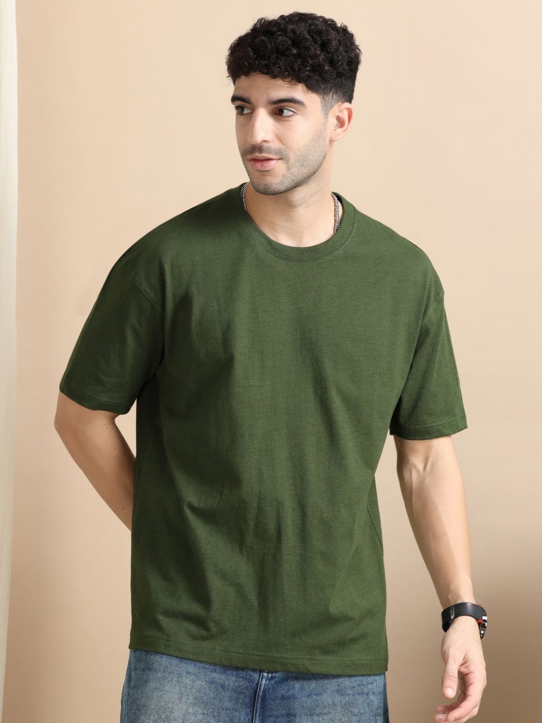 

Dogi Verg Men Solid Round Neck Cotton Oversized T-shirt, Olive