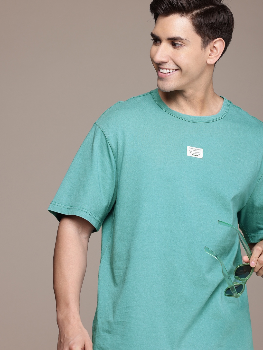 

WROGN Drop-Shoulder Sleeves Pure Cotton Baggy T-shirt, Green