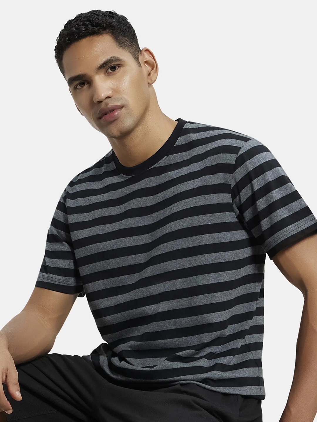 

Jockey Super Combed Cotton Rich Striped Round Neck Half Sleeve T-shirt-2715, Black